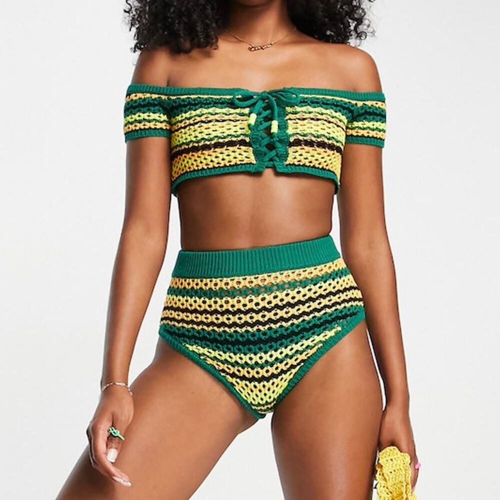 ASOS Collusion Crochet Off Shoulder Crop Top + Bottoms Green Black Stripe Size 4
